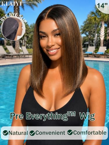Image of KLAIYI Bye Bye Slip Ombre Chestnut Brown Glueless Precut 7x5 Yaki Straight Bob Wig Human Hair Drawstring Pre Plucked Bleached Knots Pre Everything 30S Ready to Wear and Go Wig with Dark Roots 10Inch