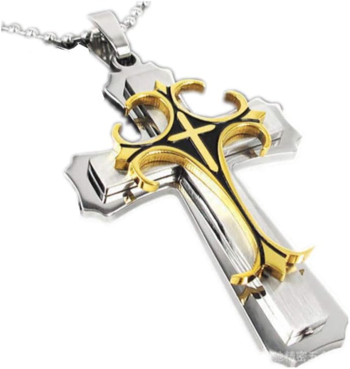 huhuniuThree Layers of Titanium Steel Cross Pendant Men's Stainless Steel Necklace