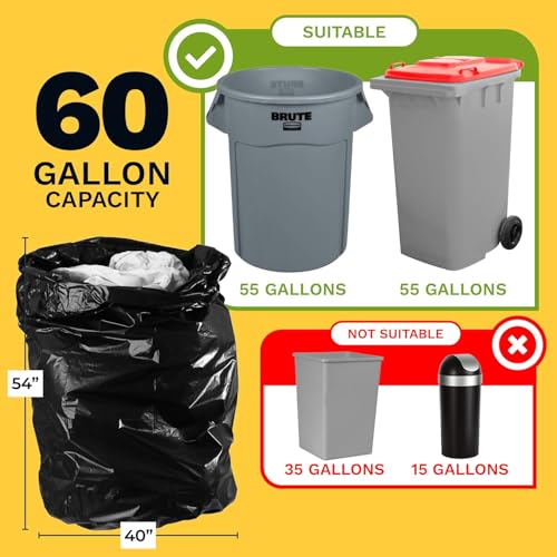 Image of ToughBag 55-60 Gallon Trash Bags (100 Count) - 40' x 54' Extra Large Garbage Bags Medium Duty, Industrial & Commercial Black Trash Bags - Made in USA