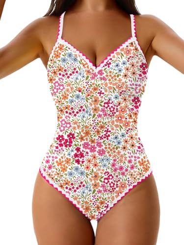 Women's One Piece Swimsuits Tummy Control V Neck Bathing Suit Tie Back Push Up Swim Suit Shell Stitched Swimwear