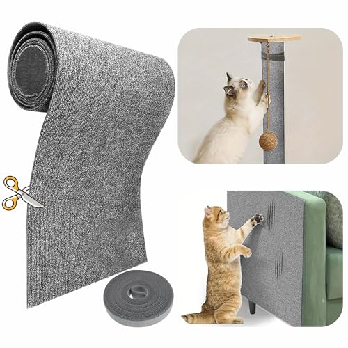 118”x15.8” Trimmable Cat Scratching Post Carpet Cover Cat Scratcher Mat Self-Adhesive Cat Tree Shelves Replacement Parts Mat Cat Scratcher Couch Furniture Protector for Indoor Cats (Grey)