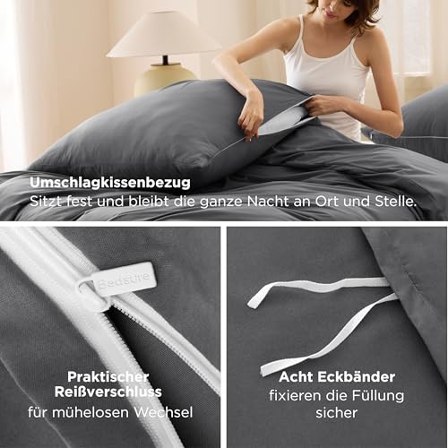BEDSURE Bettwäsche 135x200 4teilig Anthrazit - 2 Bettbezüge 135x200 cm + 2 Kissenbezüge 80X80 cm, ÖKO-TEX Bettwäsche-Sets Grau Polyester Mikrofaser mit Reißverschluss