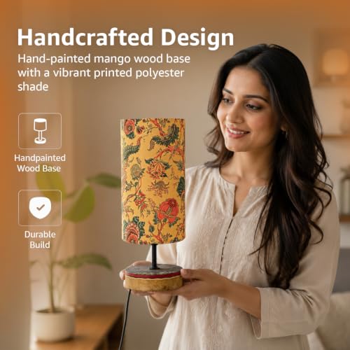 Image of Amazon Basics Bagru Marigold Table Lamp | Hand-Painted Mango Wood Base with Printed Polyester Shade | E14 Holder | Decorative Night Lamp for Bedroom, Living Room & Study Room | Home Decor Gift