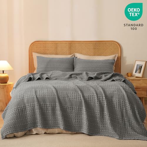 Image of PHF 100% Cotton Waffle Blanket King Size for Bed, Lightweight Breathable and Soft for Summer, Luxury Aesthetic Waffle Weave Blanket for Home Decor & Gifts for Women, 108 inchx90 inch, Dark Grey