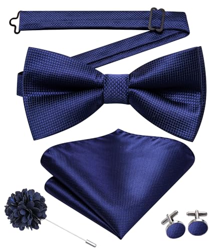 Image of Hi-Tie Pretied Bow Ties for Men Wedding Formal Bow Tie Handkerchief Cufflinks Lapel Pin Set Party Formal Mens Bowtie Set, Dark Blue Plaid, Medium