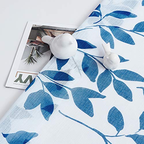 Image of Navy-Blue Sheer Curtains Living Room 84 inches Length Floral Leaves Printed on White Semi Sheer Drapes for Bedroom Privacy Linen Textured Window Panels for Guest Room Office Studio, 2 Panels