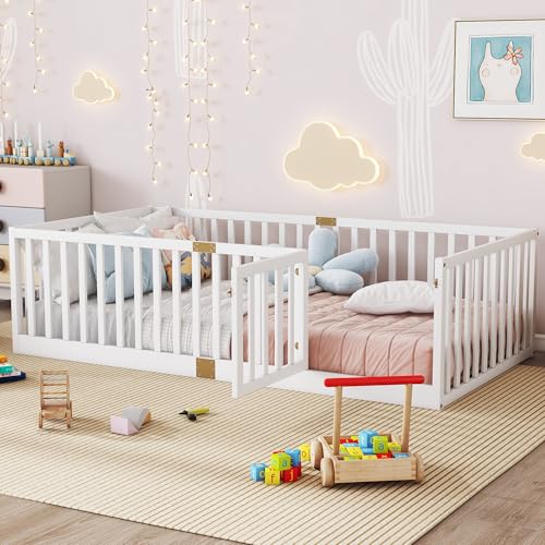 Image of Bellemave Twin Size Kids Montessori Floor Bed Frame with Door and Slats,Solid Wood Floor Bed Frame with Slats and High Fence for Kids,Girls,Boys,White