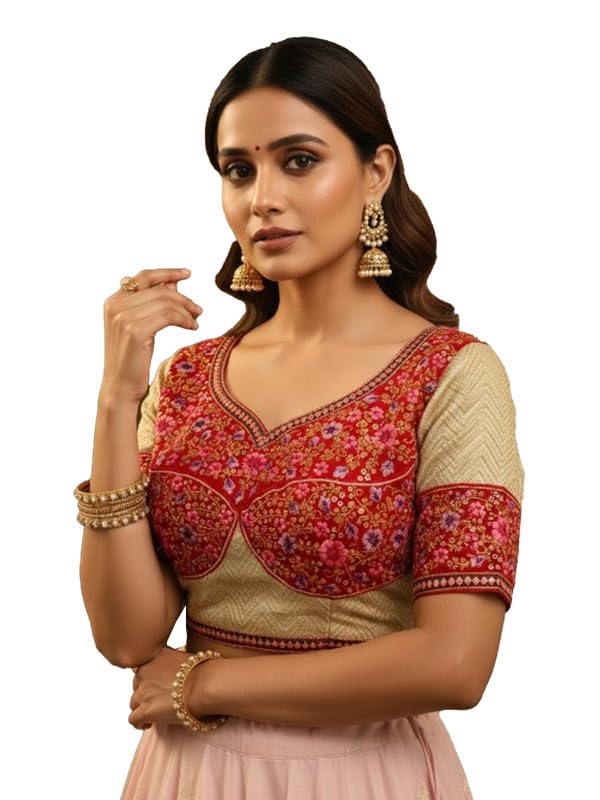 Designer Polycotton Half Sleeve Blouse for Festive Sarees Red-image-46
