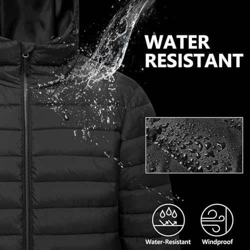 Image of Men's Lightweight Puffer Hooded Jacket Water Resistant Full Zip Insulated Warm Winter Coats