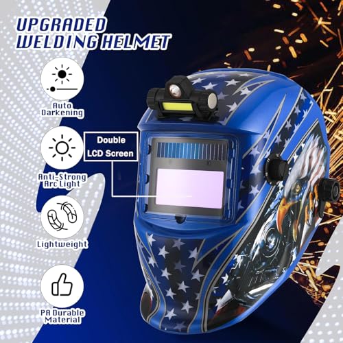 Image of WR01A Welding Helmet Auto Darkening with LED Light True Color Solar Powered Welder Hood with Adjustable Shade Range 4 /9-13 for Mig Tig Arc Welding Mask (Blue Eagle I)