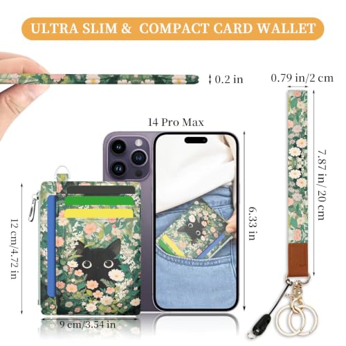 Image of Hancynir Black Cat Floral Wallet Women Credit Card Holder, Wristlet RFID