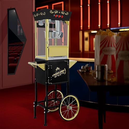 Image of Montary 12 Oz Commercial Popcorn Machine with Cart,Vintage Style Popcorn maker Equipped with Popcorn Scoops, Heated Deck & Storage for Home Movie House and Carnival,Black