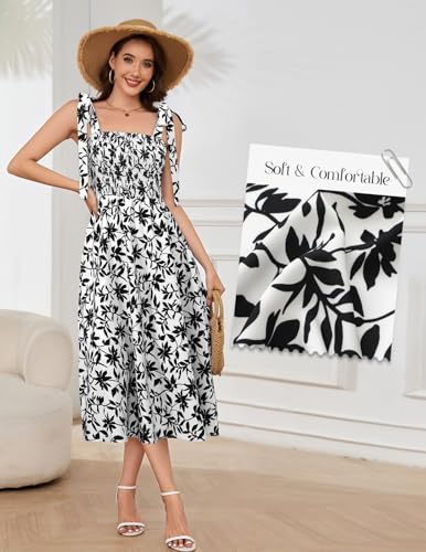 Image of Bbonlinedress Women Summer Floral Boho Casual Midi Sundress Spaghetti Strap Beach Smocked Wedding Guest Flowy Dress