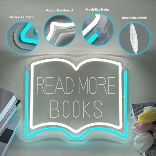 Image of Read More Books Neon Sign, Dimmable LED Reading Neon Light USB Powered for Library Classroom Bookstore Decor, Reading Room Wall Sign for Study Room Bookshelf, Book Lover Gift (Ice Blue)