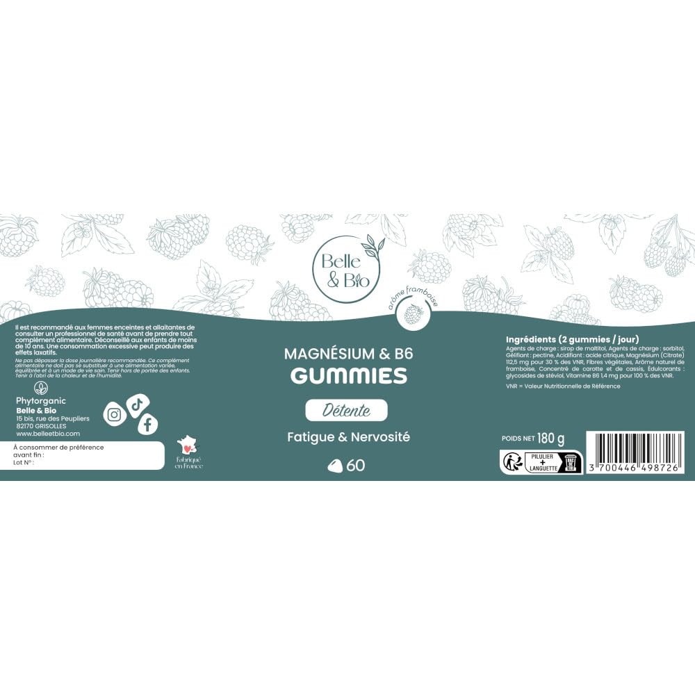 Belle&Bio - Gummies Magnésium & Vitamine B6 - Sérénité intérieure & énergie retrouvée - Compléments Alimentaires - Made in France - Magnésium, Vitamine B6 - Cure 1 mois - 60 Gummies