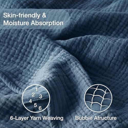 100% Cotton Muslin Blanket Twin XL 66" x 90", 6 Layers Breathable and Lightweight Twin Blanket for Bed, Soft Boho Bedspread, Gauze Bedding for All Season, Blue