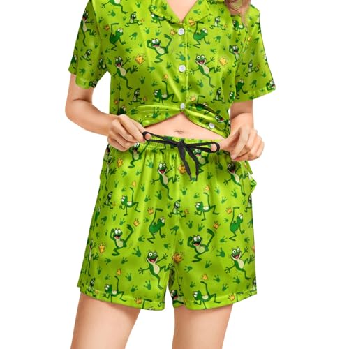 Image of Funny Pajamas for Women Set Print Satin Loungewear Pjs Short Sleeve Button Down Top and Shorts Sets Sleepwear XS-3XL