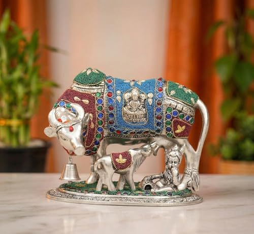 Image of KridayKraft Gold Plated Kamdhenu Cow with Calf Metal Statue for Good Luck Feng Shui & Vastu Showpiece Religious Idol Fingures for Home and Office Table Decor