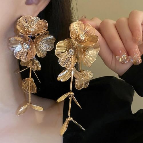 Gold Flower Drop Earrings for Women Trendy Floral Statement Earrings Vintage Bohemian Dangly Earring Simple Everyday Floral Jewelry Accessories4