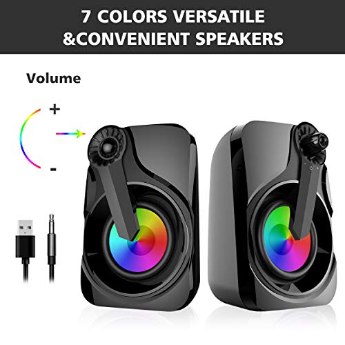 Computer Speakers, Maboo Soundbar USB Powered with LED Light for Computer Desktop Laptop PC, Smartphone, TV Black (Colorful Speakers)