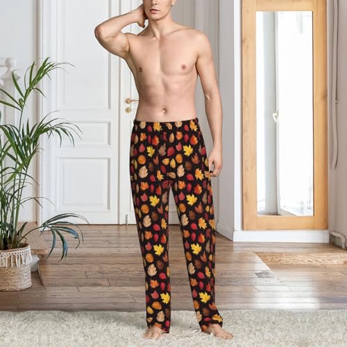 Mens Pajama Pants - Autumn Maple Leaves Print Soft Sleep Lounge Pants For Men, Casual Pj Bottoms With Pockets2