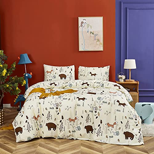 Karever Yellow Bear Bedding Set Twin Kids Cotton Duvet Cover Set Cartoon Bear Fox Rabbit Forest Pattern Printed On Cream Comforter Cover Set For Toddler Boys Girls #TOP1