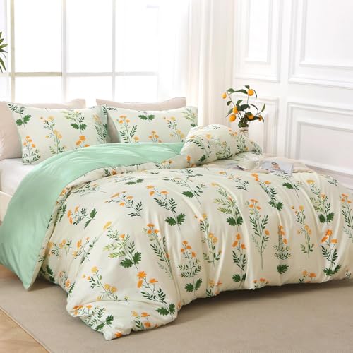 MUXHOMO Duvet Cover King Size, Reversible Floral Vintage Duvet Cover Set with Zipper Closure, 3 Pieces Botanical Patterns Soft Microfiber Bedding Set (90"x104", 2 Pillow Cases)