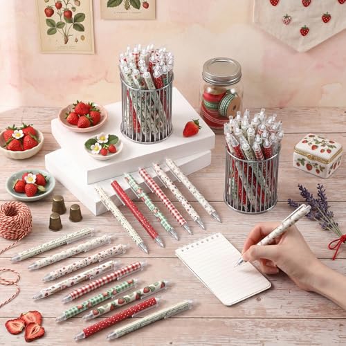 Image of Jetec 108 Pcs Back to School Strawberry Pens Bulk Aesthetic Retractable Office Strawberry Supplies First Day of School Gift for Student Women Teacher Staff Employee Office Berry Party Favors