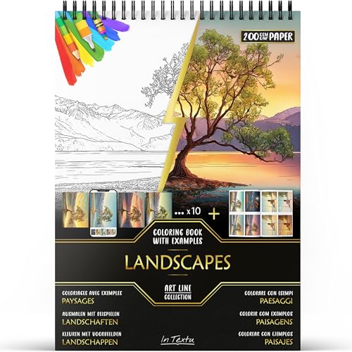 In Textu – Paesaggi – Libro da Colorare per Adulti e Adolescenti con Esempi Colorati Ispiratori – Carta Premium 200 g/m² – Rilegatura a Spirale Sottile – Quaderno da Colorare Rilassante