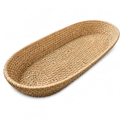 i-lan 17-Inch Rattan Bread Basket, Long Oval Wicker Tray, Brown
