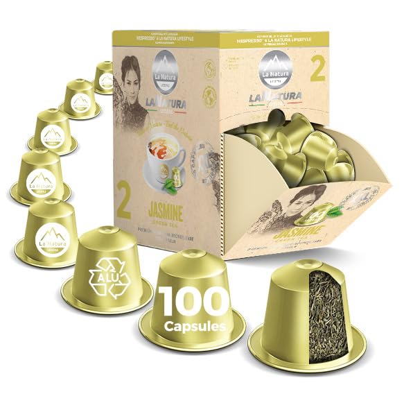 Té verde de jazmín premium, 100 cápsulas de té compatibles con máquinas de cápsulas Nespresso, conocido por su sabor suave y efecto vigorizante, by La Natura Lifestyle
