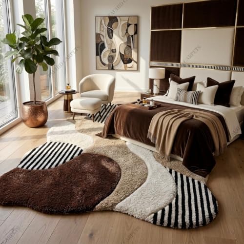 Image of Tauhid Carpet Super Soft Microfiber Shaggy Area Rug | Modern Irregular Abstract Beige Brown & Ivory Plush Carpet | Fluffy Floor Rug for Living Room, Bedroom 6 x 8 Feet.