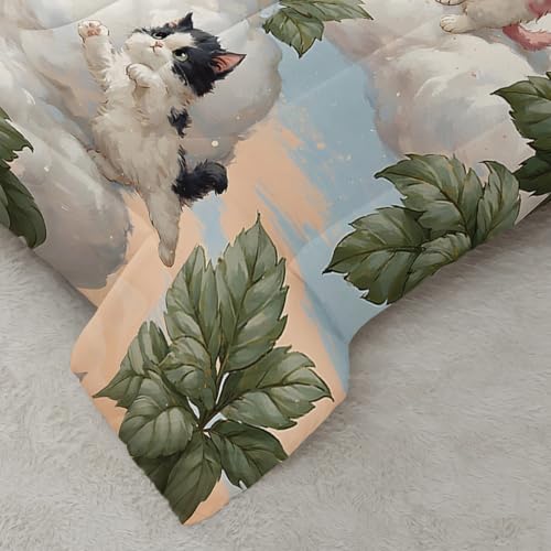 Image of AILONEN Kitten Cloud Comforter Full Size 3-Piece Whimsical Flying Cats Bedding Set Teens Bedroom Decor Dreamy Blue Sky Quilt Colorful Balloons Leaves Animal Soft Microfiber Coverlet