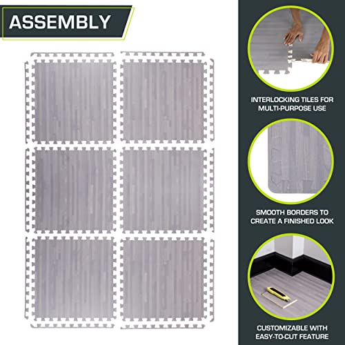 Image of ProsourceFit Wood Grain Puzzle Mat -inch, 6 EVA Foam Interlocking Floor Tiles (24 SQ FT) for Secure Indoor Gym Flooring, Office Spaces, Living Rooms, and Play Areas, Slate Grey