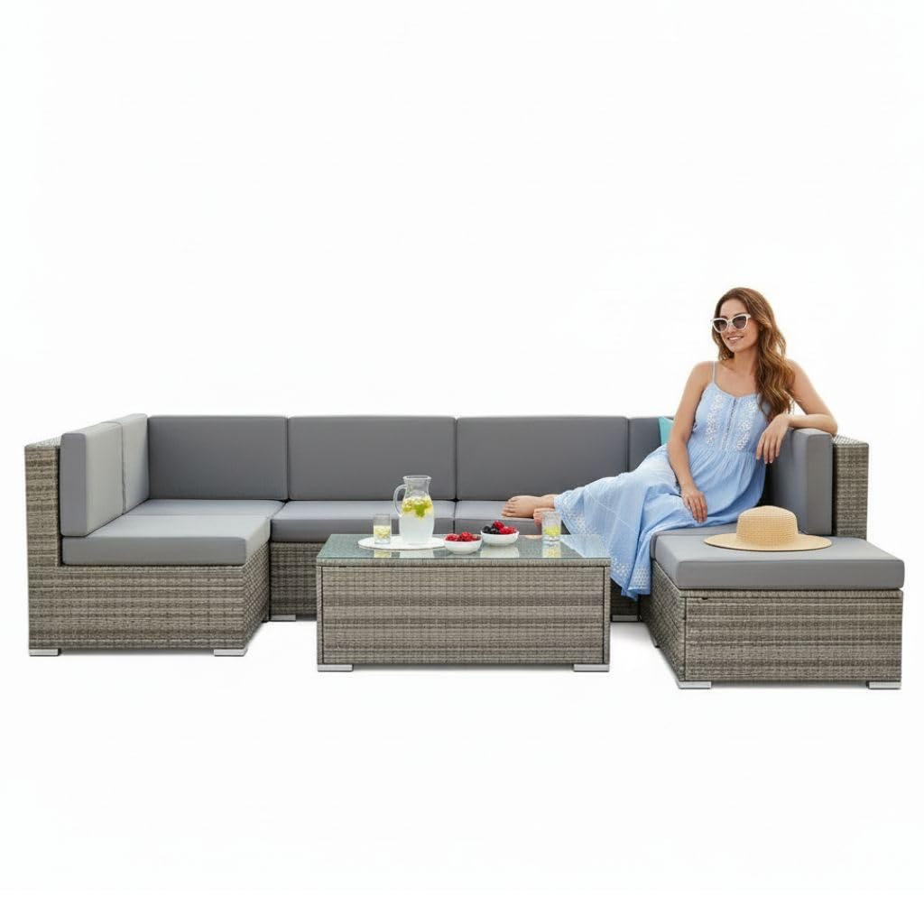 Melko XXL Rotin meublier, Ensemble de Jardin, Poly-rotin, Lounge, Meuble de Jardin, Suite, Gris Sofa