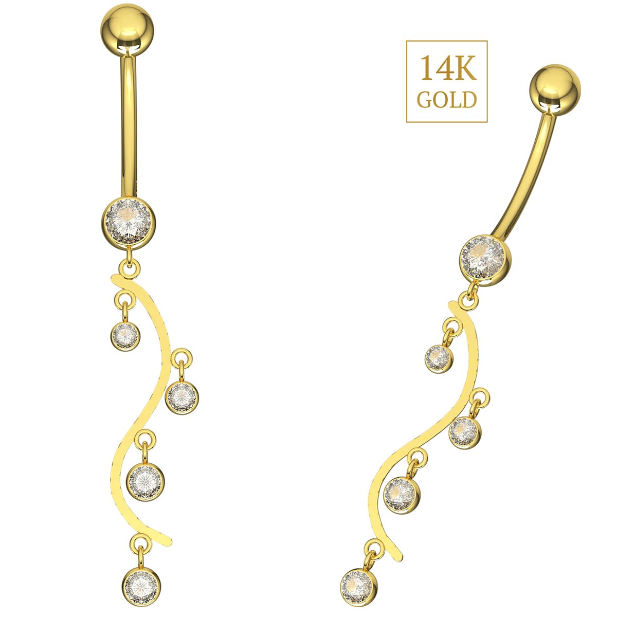Piercing para el ombligo de oro amarillo macizo de 14 quilates con circonita cúbica y rama floral, joyería para el ombligo de 14 quilates, calibre 14, 14 Gauge - 12mm Length, Circonia