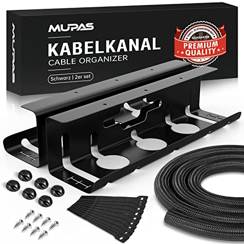 MUPAS Kabelkanal Schreibtisch【2er Set】| inkl. Kabelbinder & Kabelschlauch | Hochwertiges Profi-Komplettset | Leicht Anzubringen | Ordentliche Kabelmanagement | Optimale Tiefe | Für Büro/Hause(Schwarz) Cover