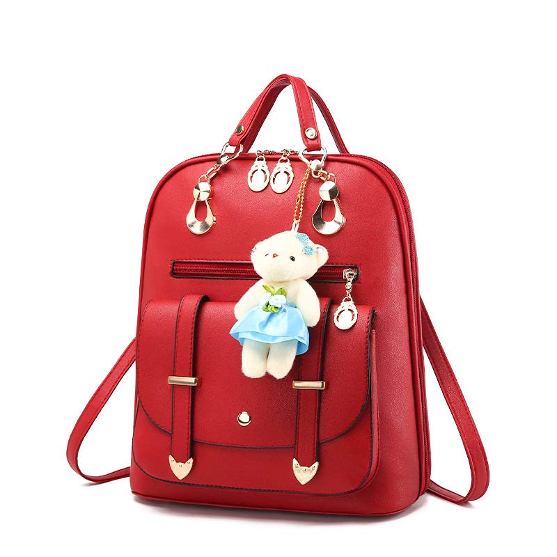 veloce Women's PU Leather Backpack, Navy Blue, with Teddy Bear Keychain, 33x13x30 cm, Lightweight for School, College & Travel (Red)-picture-45