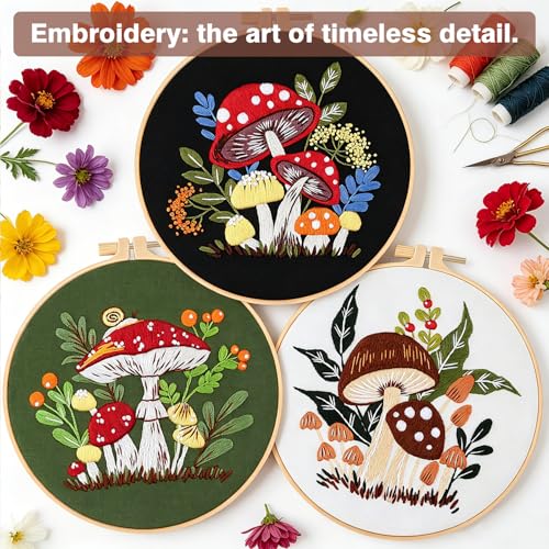 Image of RidaaFri Embroidery Kit for Beginners, 3 Pk Stamped Mushroom DIY Craft Supplies with Hoop, Needles, Floss, Video, Complete Starter Kit for Learning Embroidery, Hobby Gift