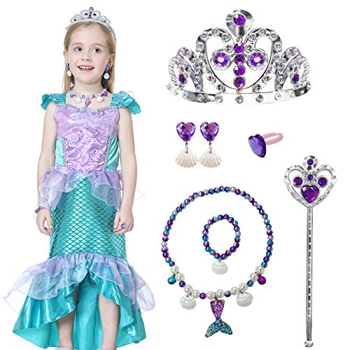 Mermaid Princess Costume Party Dress Up Deluxe Dress for Girls Necklace Crown Magic Wand for Kids Girls (4-5T)