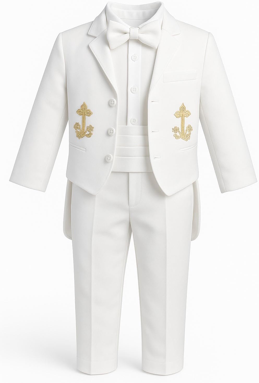 iGilrDress Baby/Toddler/Boys White Baptism Christening Mandarin Collar Tail 5 pcs Tuxedo with Cross Embroidery