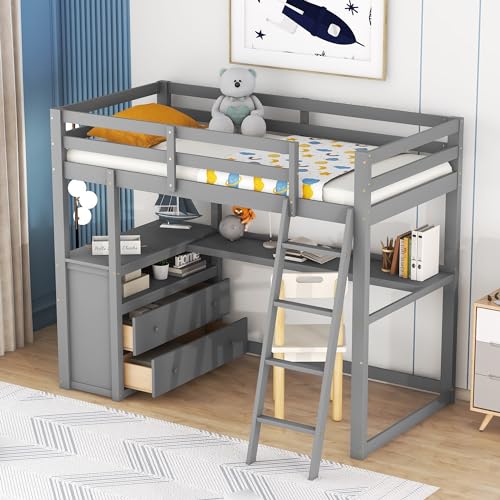 90 x 200 Cama alta infantil con escritorio, estantería y cajones, color gris, ahorra espacio y elegante