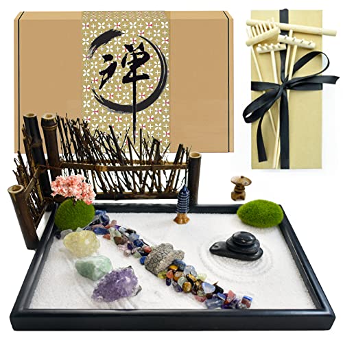 Artcome Kit de jardín japonés Zen para escritorio con rastrillo, rocas y mini artículos de mobiliario - Accesorios de...