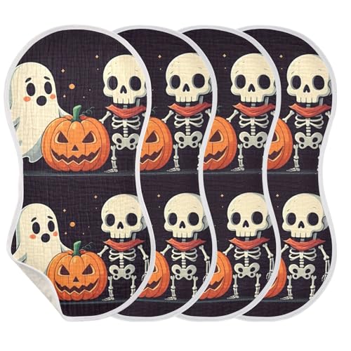 Muslin Burp Cloth for Baby 4PCS Mini Halloween Ghost Skeleton Super Absorbent Burping Cloths, Bibs for Newborn Boys Girls