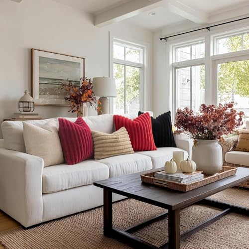 Image of MIULEE Faux Fur Decorative Throw Pillow Covers 12x20 Set of 2 Red | Modern Spring Home Decor Soft Plush Couch Pillows Cozy Fluffy Cushion Covers for Sofa Bed Living Room