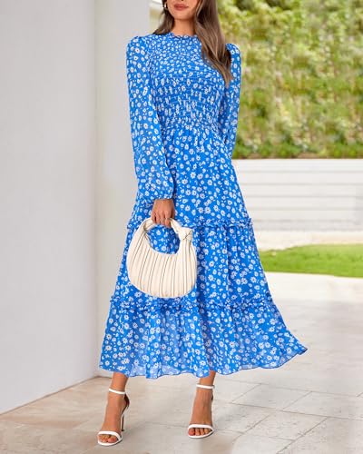 Image of NOLLSOM Women 2026 Spring Dress Floral Boho Dress Casual Long Sleeve Crew Neck Ruffle A-Line Flowy Wedding Guest Maxi Dresses