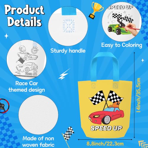 Image of Race Car Coloring Goodies Bags for Kids-24Pcs Racing Themed Bulk Color Your Own Gift Bags with Handle Reusable Non-Woven DIY Coloring Tote Bags for Summer Holiday DIY Activity Birthday Party Supplies