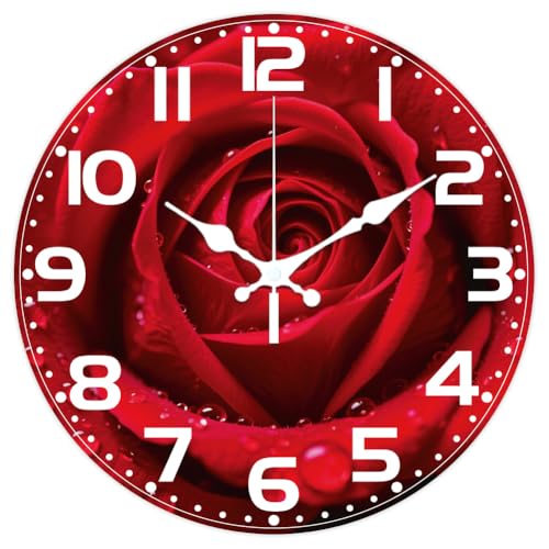CHGCRAFT Horloge Murale Ronde à Motif de Roses Rouges 12(5) cm sans Tic Tac à Piles pour Chambre Salon Cuisine Bureau