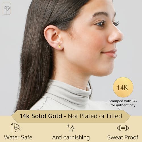 14k Gold Small Script Initial Letter Stud Earrings for Women | Anti Tarnishing 5mm 14k Gold Studs | A-Z Alphabet Earrings with Gift Box by MAX + STONE2