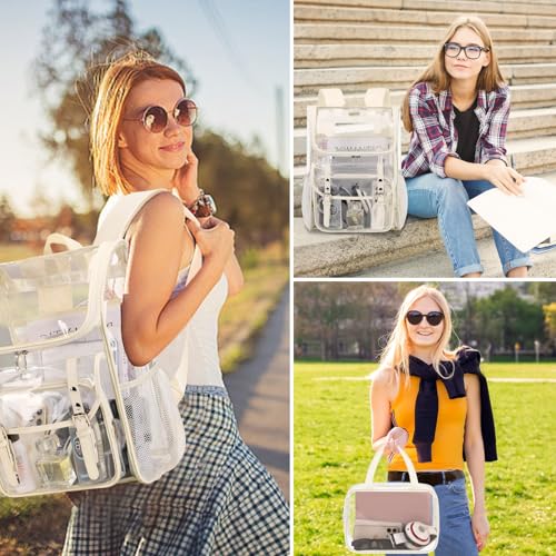 Image of DIGOBAY Clear Backpack with Lunch Bag, Leather Clear Bookbag Heavy Duty | Thick PVC Clear Backpack for Girls Women See Through Transparent Backpacks for Stadium Events College Travel Work, Beige